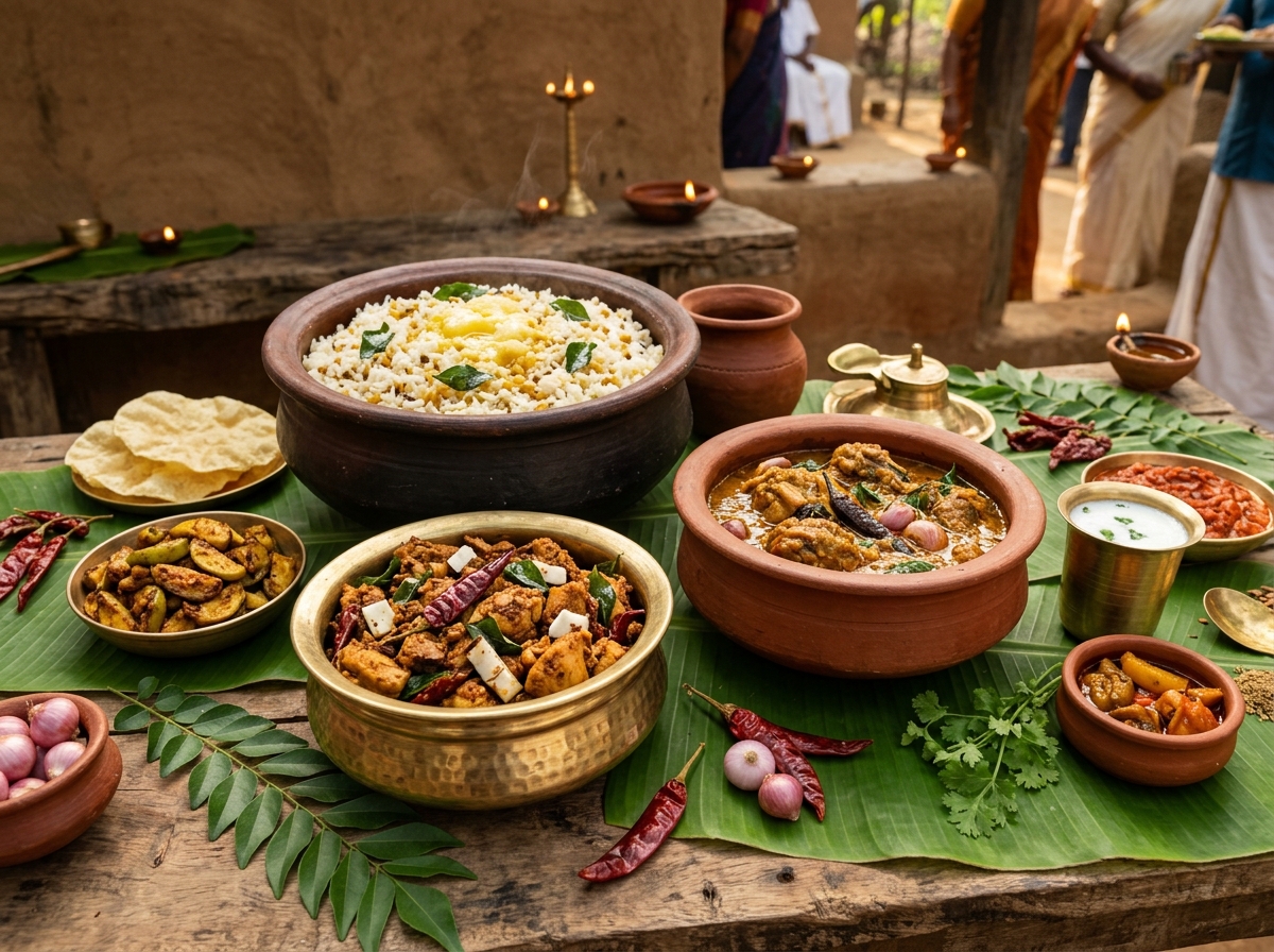 Authentic Kongu style traditional dishes in rustic earthenware and hammered brass pots