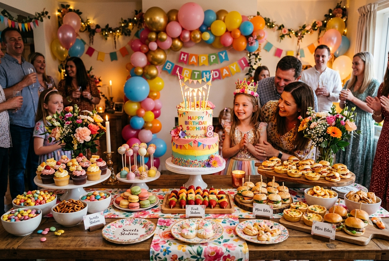 Festive birthday party catering setup with cake, balloons and colourful food spread